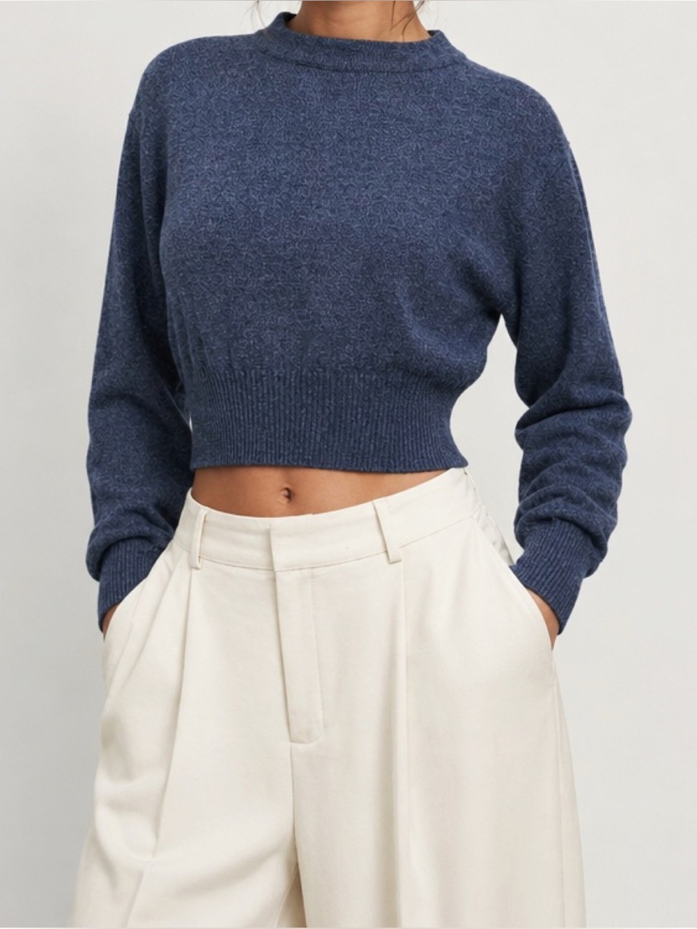 SILK LAUNDRY Cropped Crewneck Wool Sweater, Azul Melange, Small